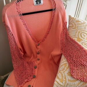 Peach Ribbed Knit Button-Up Cardigan with Crochet Sleeves